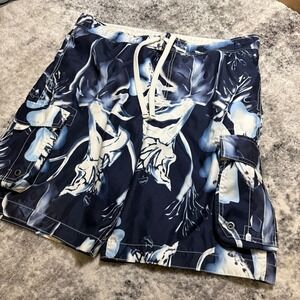 No Boundaries Mens Navy Floral Cargo Swim Trunks Board Shorts Size M 32/34